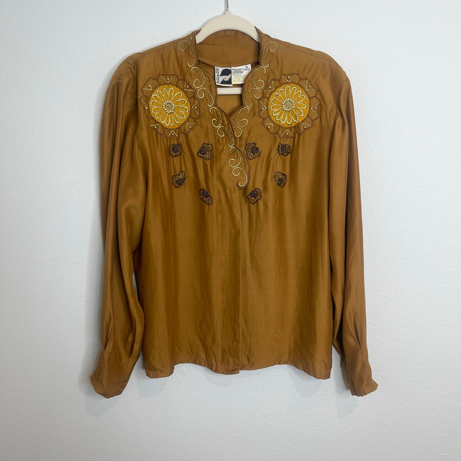 Vintage Bellino Paris 100% Silk Embroidered Blouse Beaded Boho Tunic Top Size 16